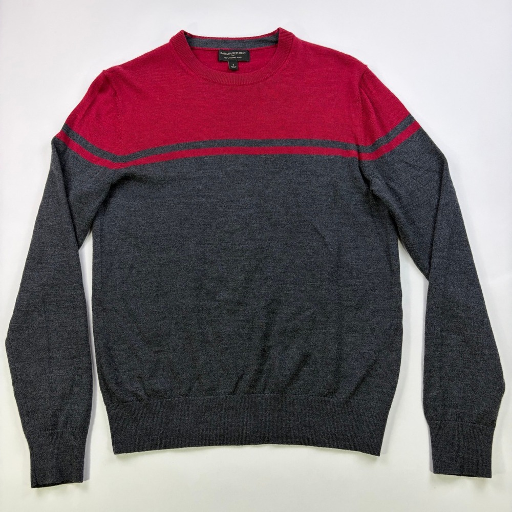 Banana Republic Merino Wool Sweater Mens S Gray Red Colorblock Striped Crew Neck